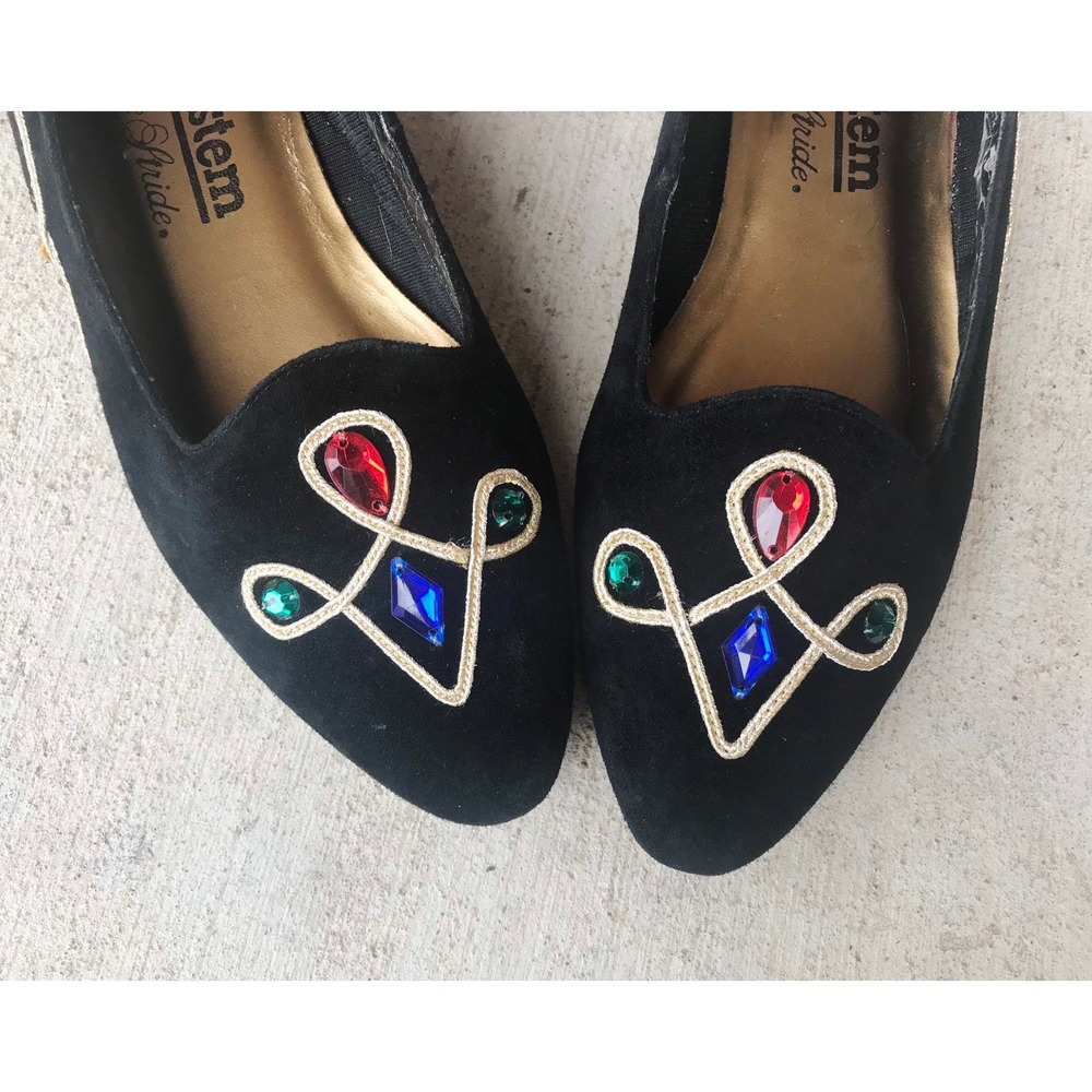 vintage 80s COLORFUL JEWELS black suede pointy FLATS unique avant garde rainbow